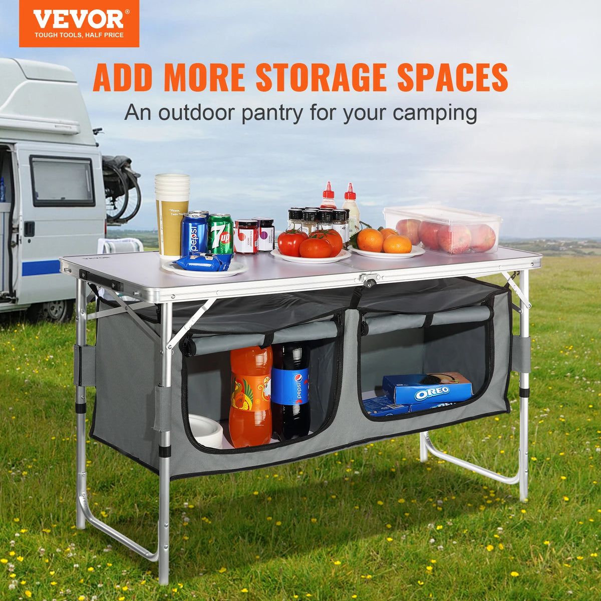 Folding Camping Kitchen Table with Storage & Adjustable Height