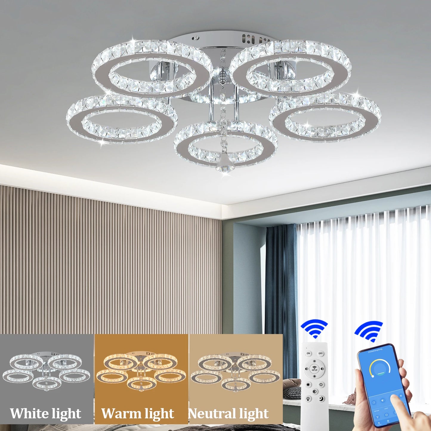 Crystal LED Ceiling Pendant Light — Modern Chandelier with Remote Control, Dimmable, 85–265V