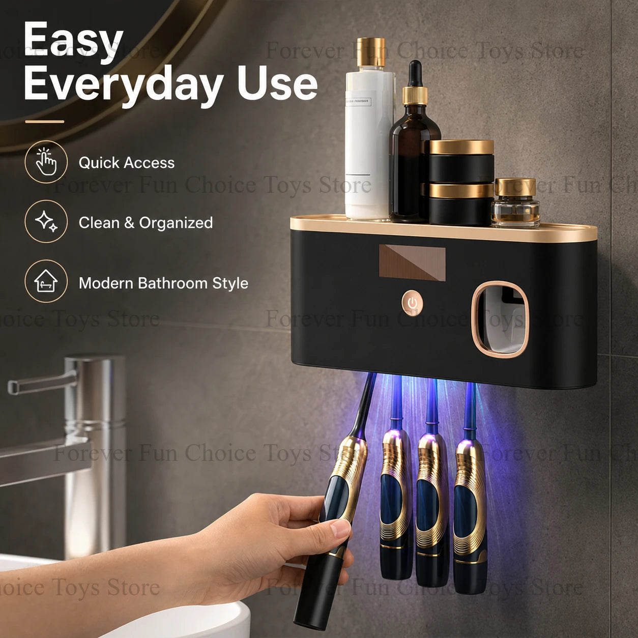 Solar UV Toothbrush Steriliser & Wall-Mounted Holder with Toothpaste Dispenser