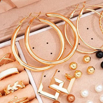 Gold Colour Jewelry Set For Women Pearl Earrings Necklaces Rings Bracelets Fashion Stackable Boho Jewelry For Party Daily（No Box）