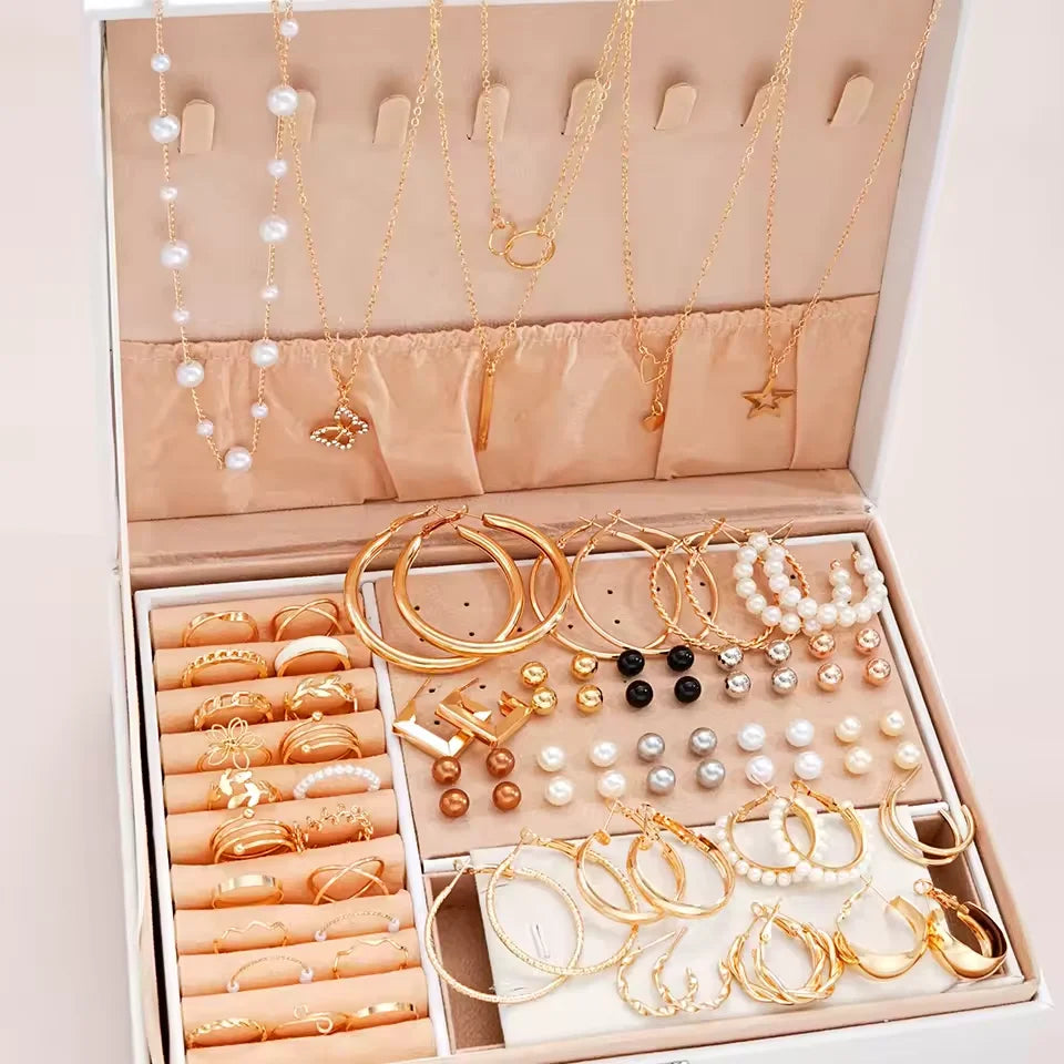 Gold Colour Jewelry Set For Women Pearl Earrings Necklaces Rings Bracelets Fashion Stackable Boho Jewelry For Party Daily（No Box）