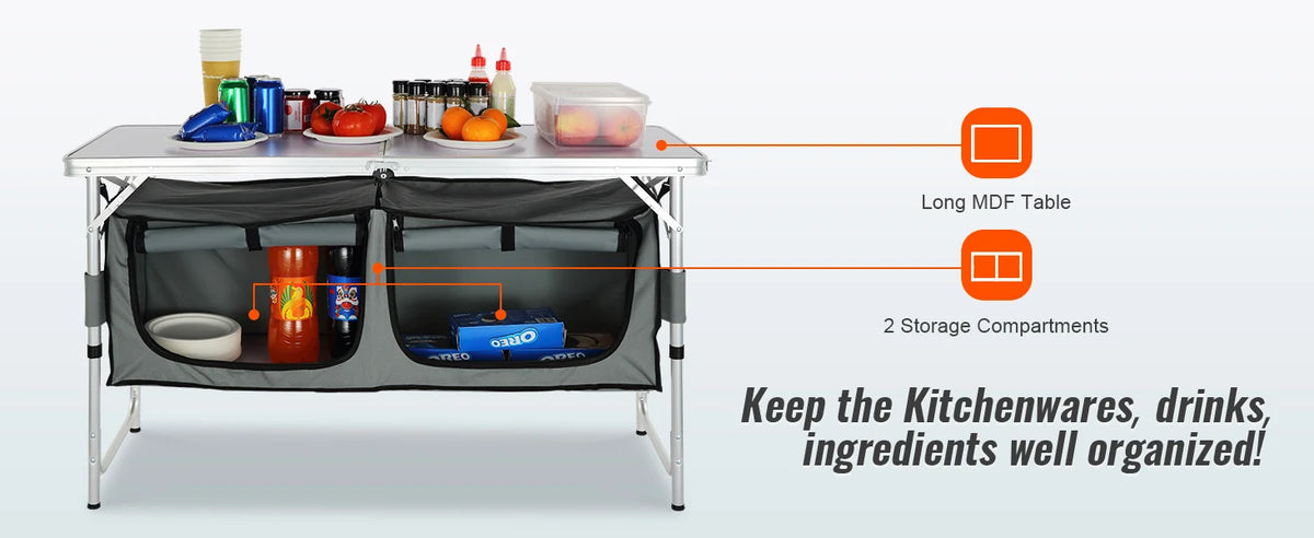 Folding Camping Kitchen Table with Storage & Adjustable Height