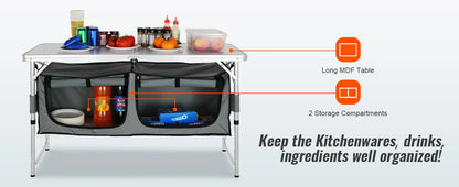 Folding Camping Kitchen Table with Storage & Adjustable Height