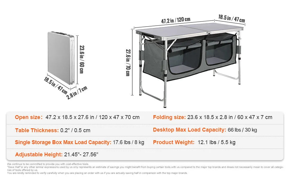 Folding Camping Kitchen Table with Storage & Adjustable Height