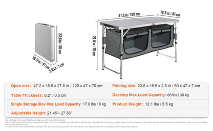 Folding Camping Kitchen Table with Storage & Adjustable Height