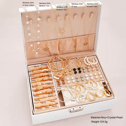 Gold Colour Jewelry Set For Women Pearl Earrings Necklaces Rings Bracelets Fashion Stackable Boho Jewelry For Party Daily（No Box）