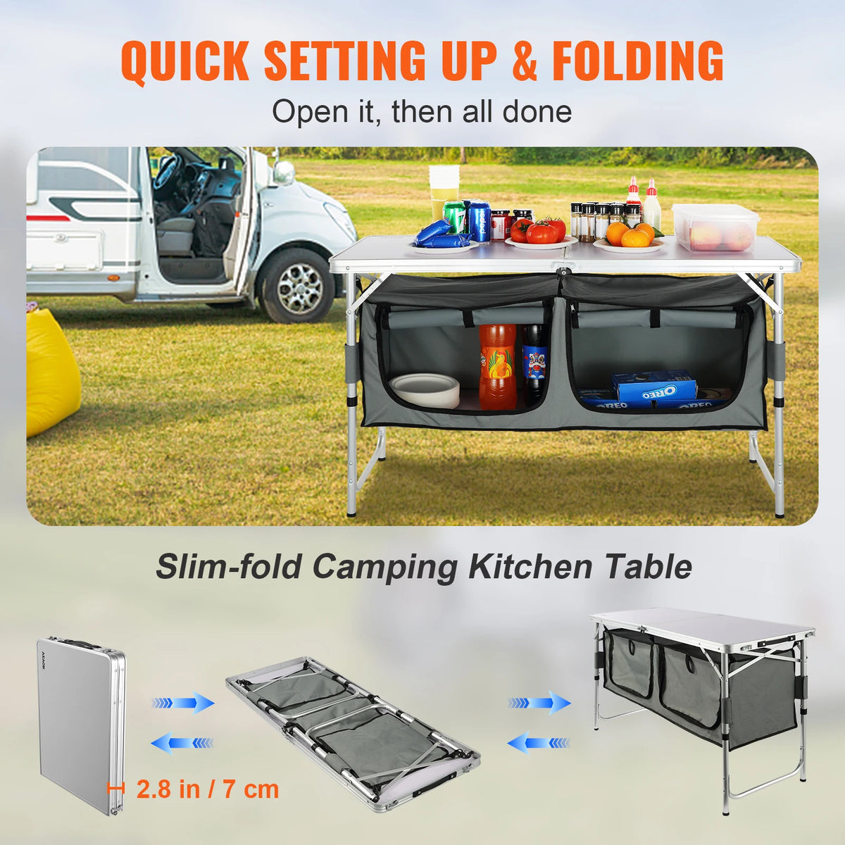 Folding Camping Kitchen Table with Storage & Adjustable Height