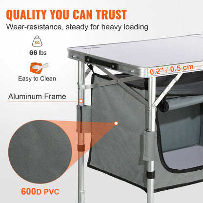 Folding Camping Kitchen Table with Storage & Adjustable Height