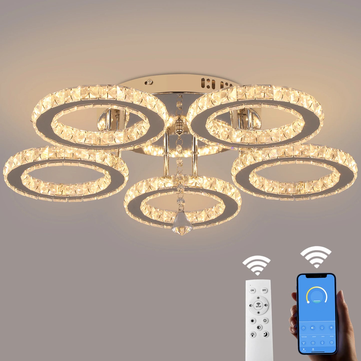 Crystal LED Ceiling Pendant Light — Modern Chandelier with Remote Control, Dimmable, 85–265V