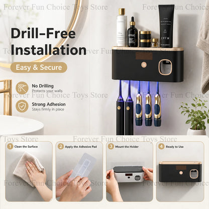 Solar UV Toothbrush Steriliser & Wall-Mounted Holder with Toothpaste Dispenser