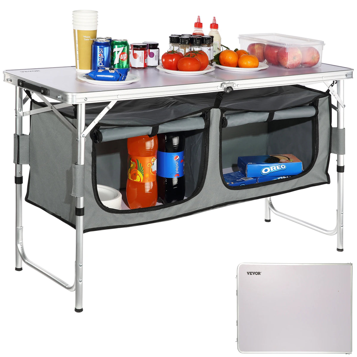 Folding Camping Kitchen Table with Storage & Adjustable Height