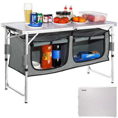 Folding Camping Kitchen Table with Storage & Adjustable Height