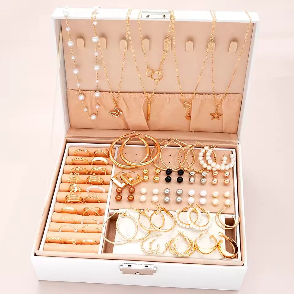 Gold Colour Jewelry Set For Women Pearl Earrings Necklaces Rings Bracelets Fashion Stackable Boho Jewelry For Party Daily（No Box）