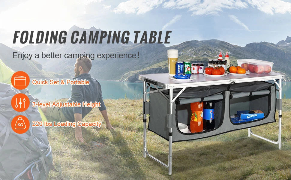 Folding Camping Kitchen Table with Storage & Adjustable Height
