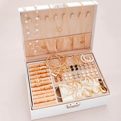 Gold Colour Jewelry Set For Women Pearl Earrings Necklaces Rings Bracelets Fashion Stackable Boho Jewelry For Party Daily（No Box）