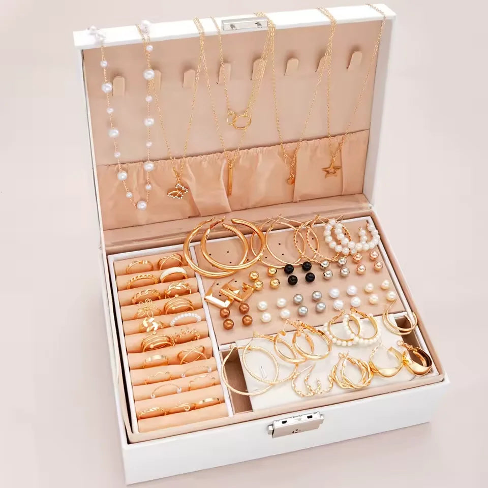 Gold Colour Jewelry Set For Women Pearl Earrings Necklaces Rings Bracelets Fashion Stackable Boho Jewelry For Party Daily（No Box）