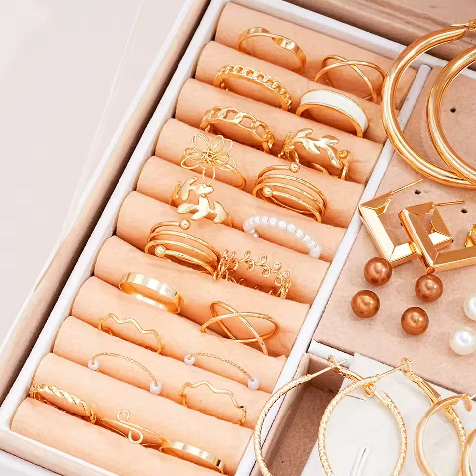 Gold Colour Jewelry Set For Women Pearl Earrings Necklaces Rings Bracelets Fashion Stackable Boho Jewelry For Party Daily（No Box）
