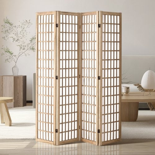 4-Panel Japanese Room Divider — Folding Privacy Screen with Solid Wood Frame & Waterproof Fabric