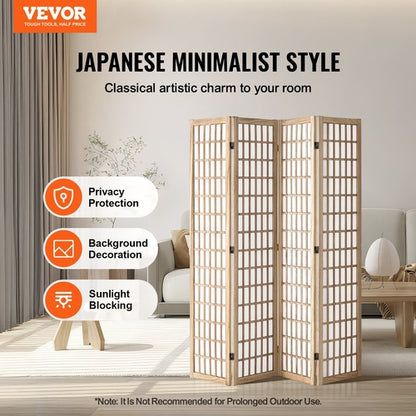 4-Panel Japanese Room Divider — Folding Privacy Screen with Solid Wood Frame & Waterproof Fabric