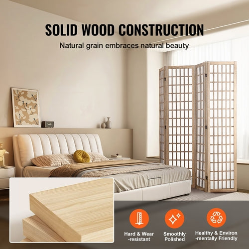 4-Panel Japanese Room Divider — Folding Privacy Screen with Solid Wood Frame & Waterproof Fabric
