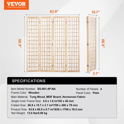4-Panel Japanese Room Divider — Folding Privacy Screen with Solid Wood Frame & Waterproof Fabric