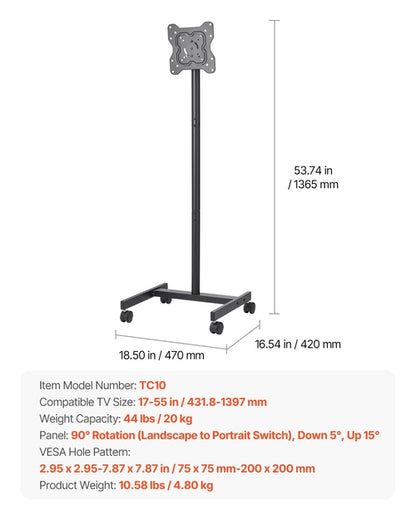 Rolling TV Stand — Mobile TV Cart for 17–55" Screens with Swivel Wheels & Adjustable Height