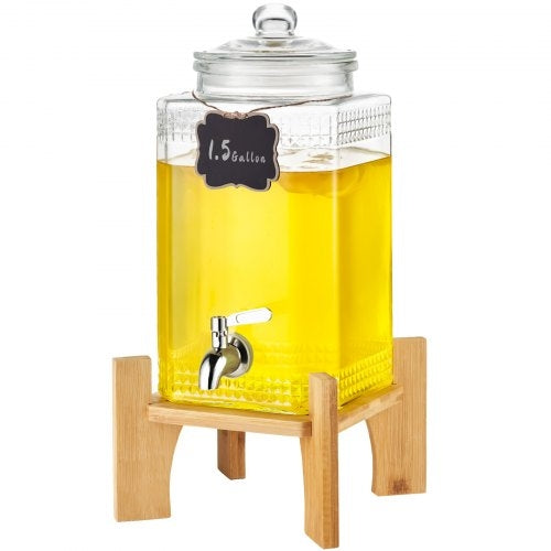 1.5 Gallon Glass Beverage Dispenser with Wooden Stand — 5.5L Drink Dispenser for Parties & Gatherings