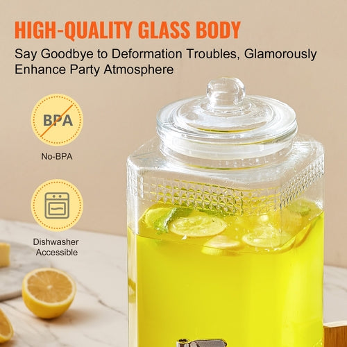 1.5 Gallon Glass Beverage Dispenser with Wooden Stand — 5.5L Drink Dispenser for Parties & Gatherings