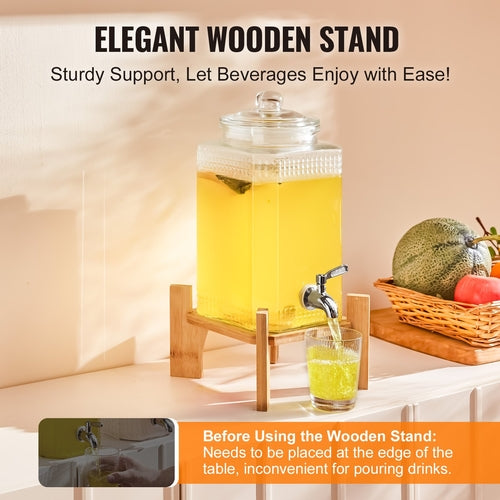 1.5 Gallon Glass Beverage Dispenser with Wooden Stand — 5.5L Drink Dispenser for Parties & Gatherings