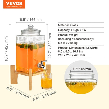 1.5 Gallon Glass Beverage Dispenser with Wooden Stand — 5.5L Drink Dispenser for Parties & Gatherings
