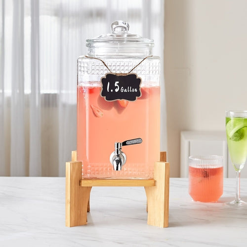 1.5 Gallon Glass Beverage Dispenser with Wooden Stand — 5.5L Drink Dispenser for Parties & Gatherings