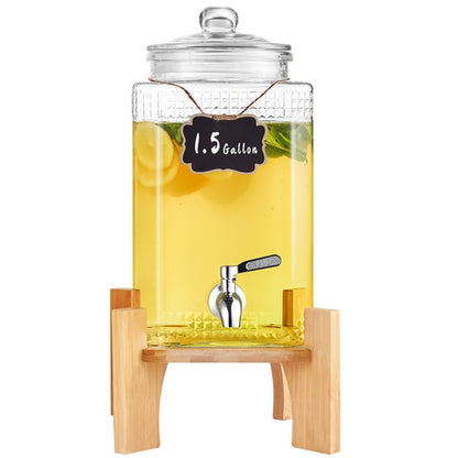 1.5 Gallon Glass Beverage Dispenser with Wooden Stand — 5.5L Drink Dispenser for Parties & Gatherings