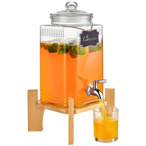 1.5 Gallon Glass Beverage Dispenser with Wooden Stand — 5.5L Drink Dispenser for Parties & Gatherings